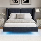 Cadre de lit plateforme flottant Queen Size en velours avec lumières LED intelligentes sous le lit, 6 espaces de rangement et montage facile