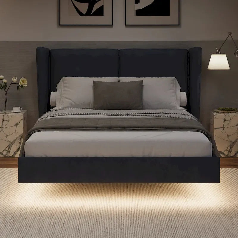 Cadre de lit plateforme flottant Queen Size en velours avec lumières LED intelligentes sous le lit, 6 espaces de rangement et montage facile