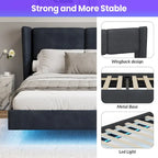 Cadre de lit plateforme flottant Queen Size en velours avec lumières LED intelligentes sous le lit, 6 espaces de rangement et montage facile