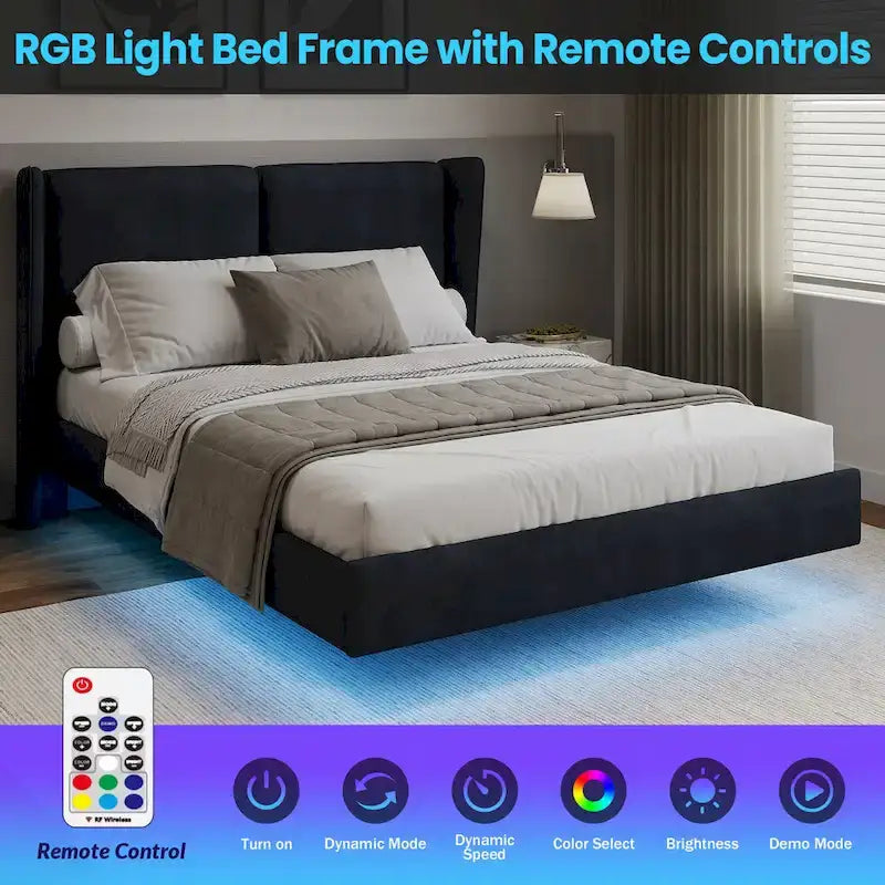 Cadre de lit plateforme flottant Queen Size en velours avec lumières LED intelligentes sous le lit, 6 espaces de rangement et montage facile