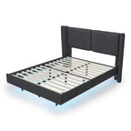 Cadre de lit plateforme flottant Queen Size en velours avec lumières LED intelligentes sous le lit, 6 espaces de rangement et montage facile