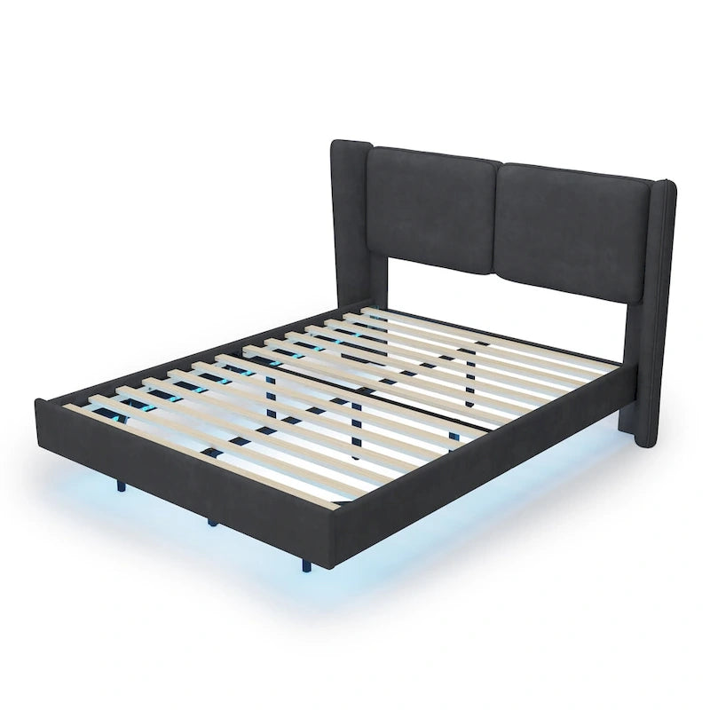 Cadre de lit plateforme flottant Queen Size en velours avec lumières LED intelligentes sous le lit, 6 espaces de rangement et montage facile