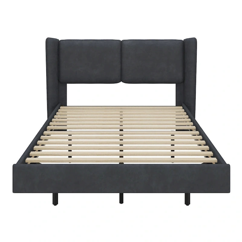 Cadre de lit plateforme flottant Queen Size en velours avec lumières LED intelligentes sous le lit, 6 espaces de rangement et montage facile