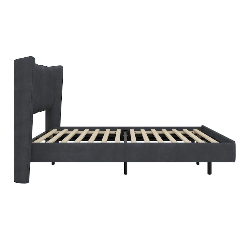 Cadre de lit plateforme flottant Queen Size en velours avec lumières LED intelligentes sous le lit, 6 espaces de rangement et montage facile