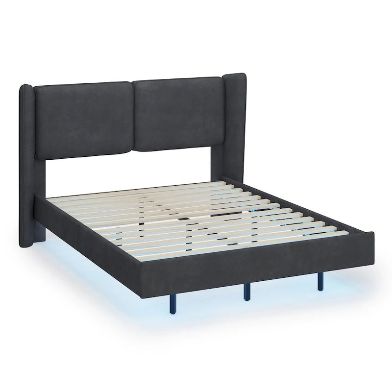 Cadre de lit plateforme flottant Queen Size en velours avec lumières LED intelligentes sous le lit, 6 espaces de rangement et montage facile