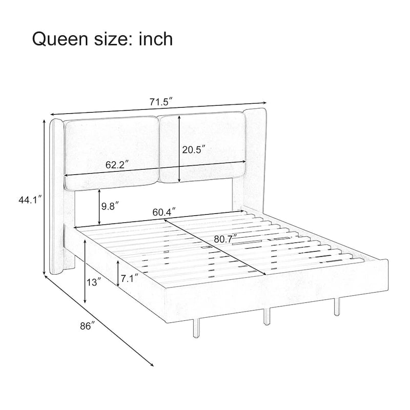Cadre de lit plateforme flottant Queen Size en velours avec lumières LED intelligentes sous le lit, 6 espaces de rangement et montage facile