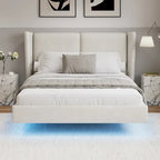 Cadre de lit plateforme flottant Queen Size en velours avec lumières LED intelligentes sous le lit, 6 espaces de rangement et montage facile