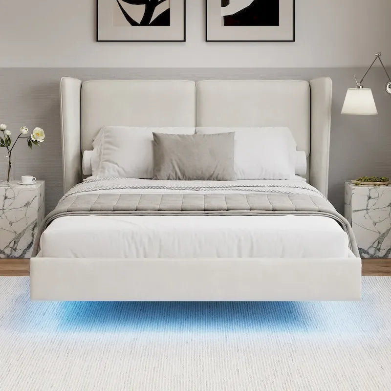 Cadre de lit plateforme flottant Queen Size en velours avec lumières LED intelligentes sous le lit, 6 espaces de rangement et montage facile