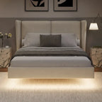 Cadre de lit plateforme flottant Queen Size en velours avec lumières LED intelligentes sous le lit, 6 espaces de rangement et montage facile