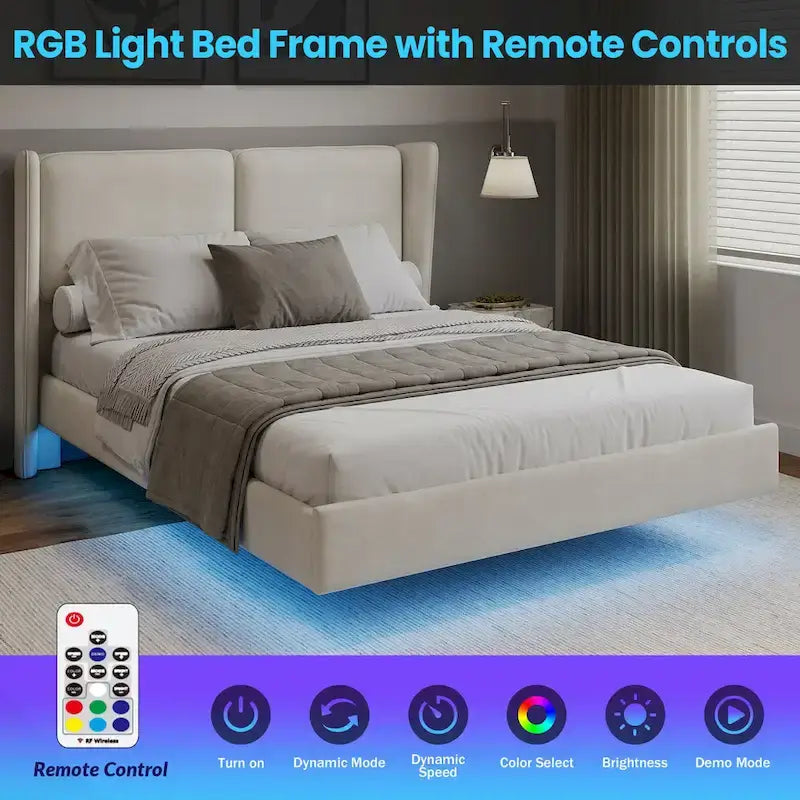 Cadre de lit plateforme flottant Queen Size en velours avec lumières LED intelligentes sous le lit, 6 espaces de rangement et montage facile