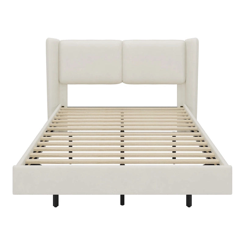 Cadre de lit plateforme flottant Queen Size en velours avec lumières LED intelligentes sous le lit, 6 espaces de rangement et montage facile