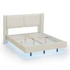 Cadre de lit plateforme flottant Queen Size en velours avec lumières LED intelligentes sous le lit, 6 espaces de rangement et montage facile