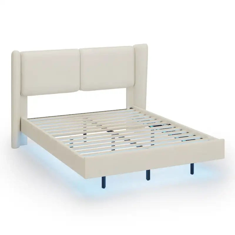 Cadre de lit plateforme flottant Queen Size en velours avec lumières LED intelligentes sous le lit, 6 espaces de rangement et montage facile