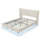 Cadre de lit plateforme flottant Queen Size en velours avec lumières LED intelligentes sous le lit, 6 espaces de rangement et montage facile