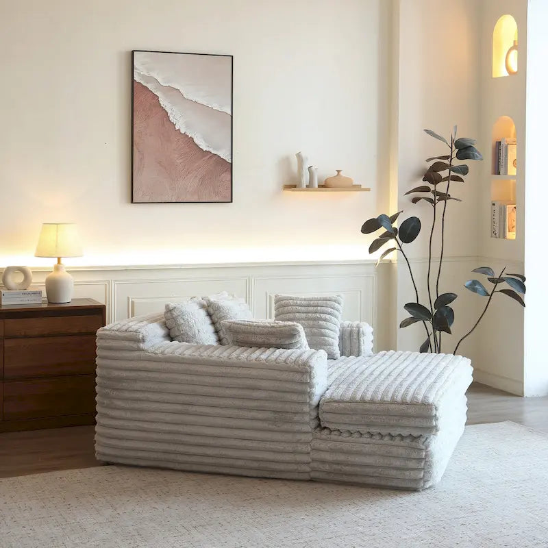 Chaise longue en velours côtelé gris/beige – Canapé-lit convertible, 2 oreillers, individuel