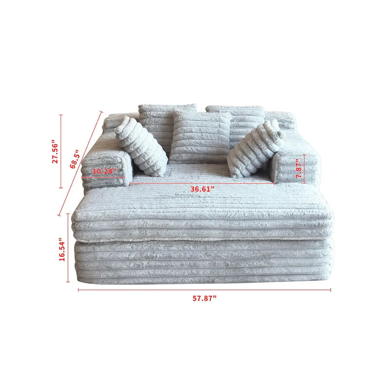 Chaise longue en velours côtelé gris/beige – Canapé-lit convertible, 2 oreillers, individuel