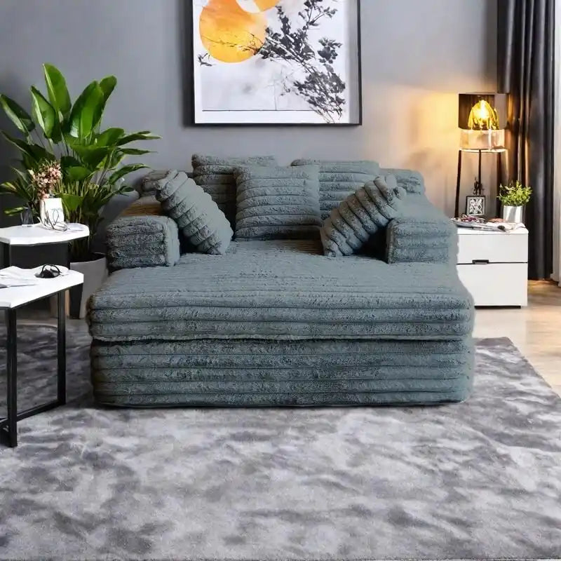 Chaise longue en velours côtelé gris/beige – Canapé-lit convertible, 2 oreillers, individuel
