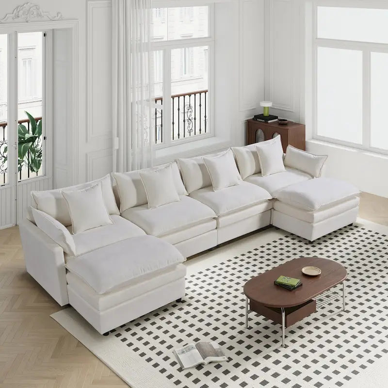 Grand canapé sectionnel en chenille en U de 142,52 po avec double coussin, méridienne convertible et poufs