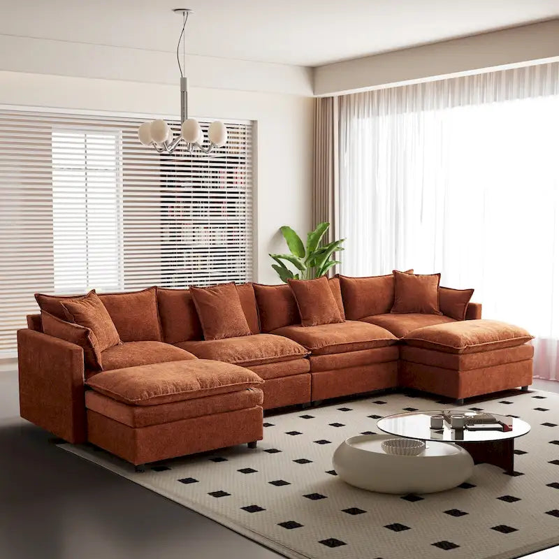 Grand canapé sectionnel en chenille en U de 142,52 po avec double coussin, méridienne convertible et poufs
