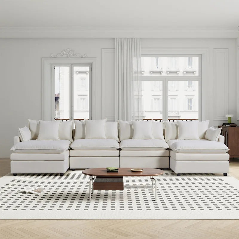 Grand canapé sectionnel en chenille en U de 142,52 po avec double coussin, méridienne convertible et poufs