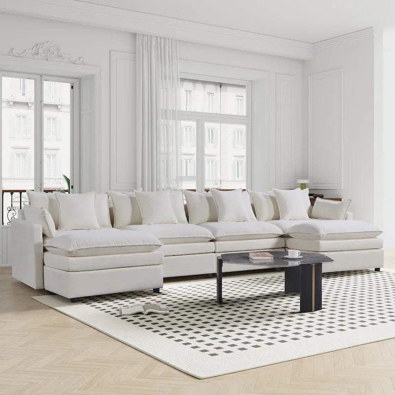 Grand canapé sectionnel en chenille en U de 142,52 po avec double coussin, méridienne convertible et poufs