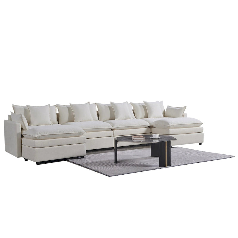 Grand canapé sectionnel en chenille en U de 142,52 po avec double coussin, méridienne convertible et poufs