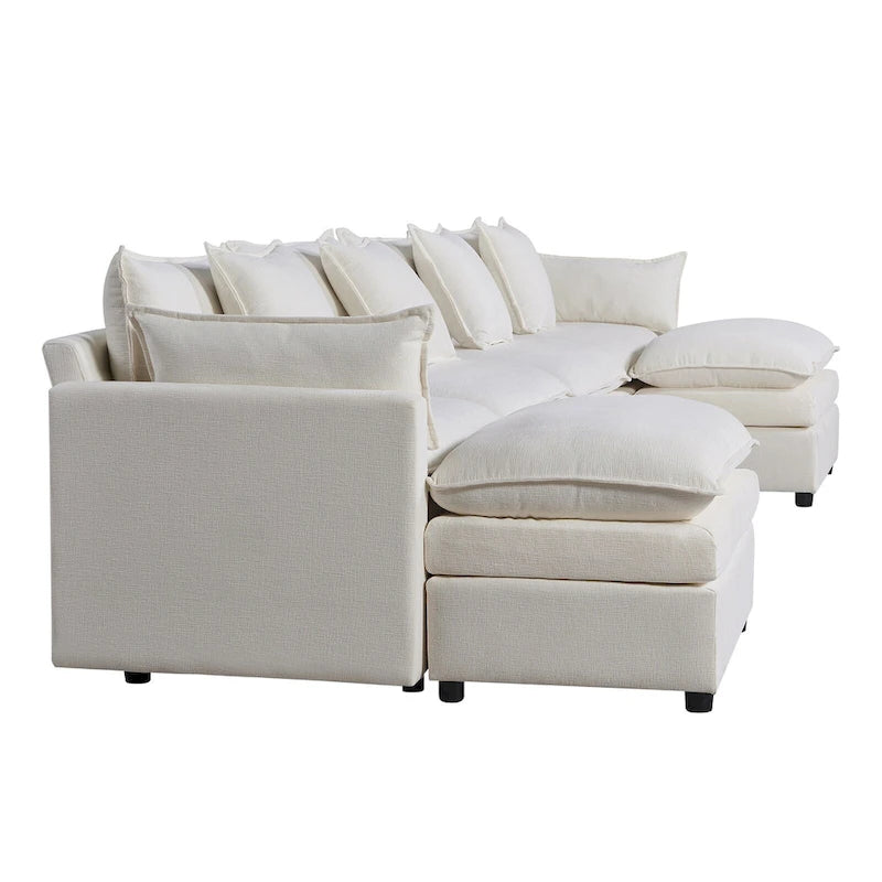 Grand canapé sectionnel en chenille en U de 142,52 po avec double coussin, méridienne convertible et poufs