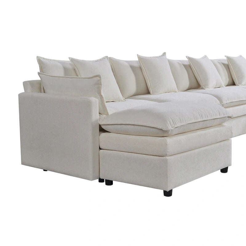 Grand canapé sectionnel en chenille en U de 142,52 po avec double coussin, méridienne convertible et poufs