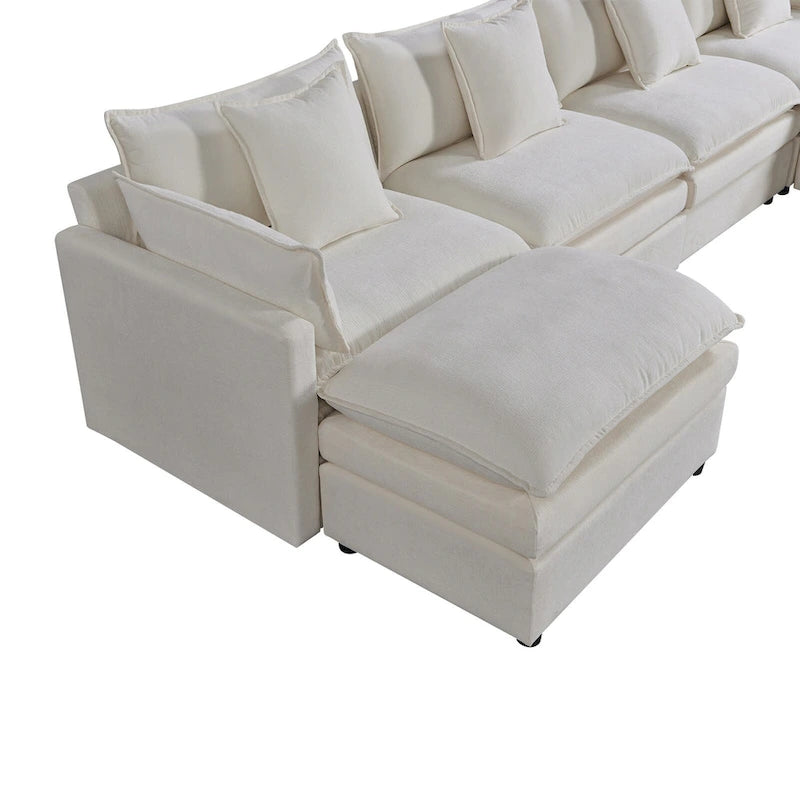 Grand canapé sectionnel en chenille en U de 142,52 po avec double coussin, méridienne convertible et poufs