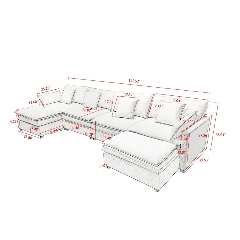 Grand canapé sectionnel en chenille en U de 142,52 po avec double coussin, méridienne convertible et poufs