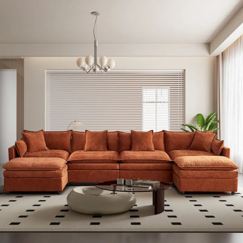 Grand canapé sectionnel en chenille en U de 142,52 po avec double coussin, méridienne convertible et poufs