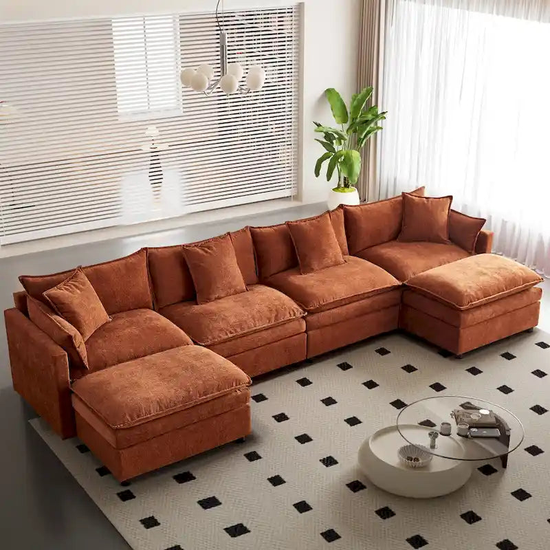 Grand canapé sectionnel en chenille en U de 142,52 po avec double coussin, méridienne convertible et poufs
