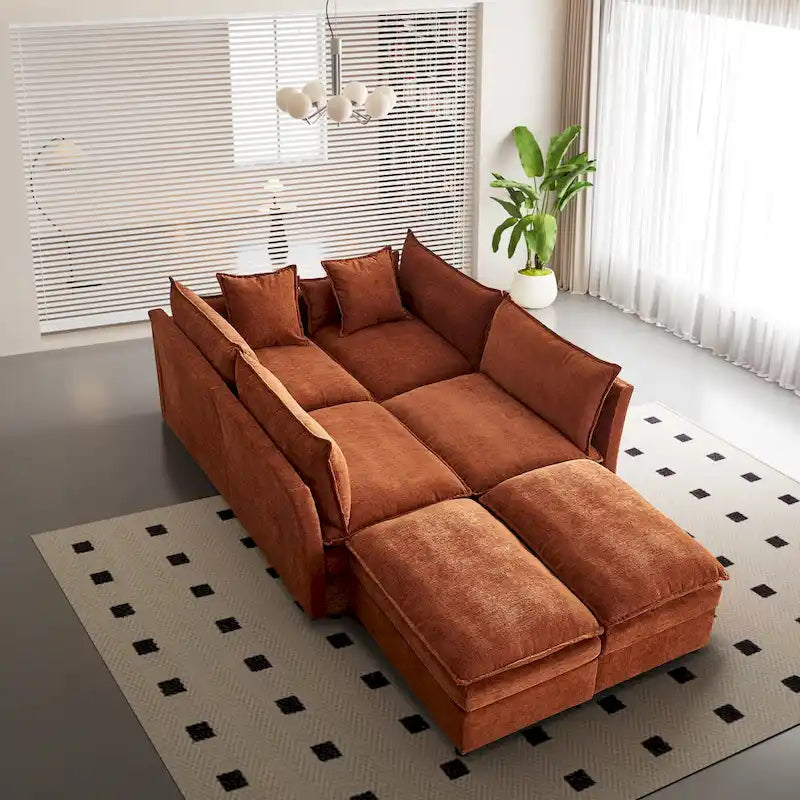 Grand canapé sectionnel en chenille en U de 142,52 po avec double coussin, méridienne convertible et poufs