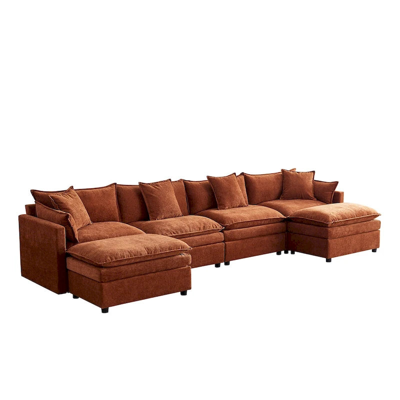Grand canapé sectionnel en chenille en U de 142,52 po avec double coussin, méridienne convertible et poufs