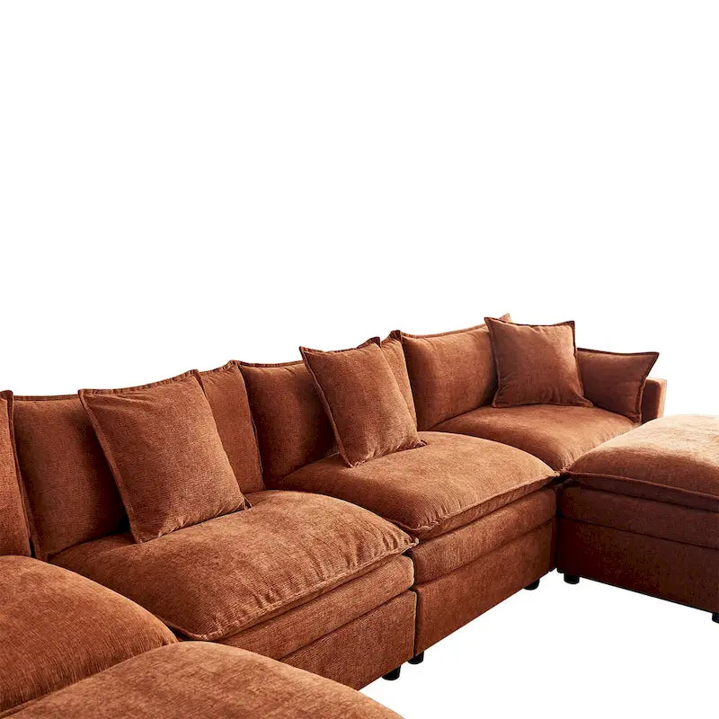 Grand canapé sectionnel en chenille en U de 142,52 po avec double coussin, méridienne convertible et poufs
