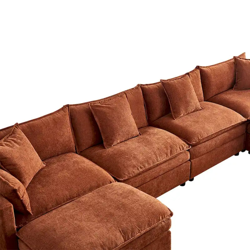 Grand canapé sectionnel en chenille en U de 142,52 po avec double coussin, méridienne convertible et poufs