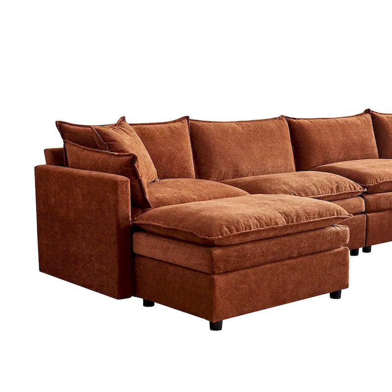 Grand canapé sectionnel en chenille en U de 142,52 po avec double coussin, méridienne convertible et poufs