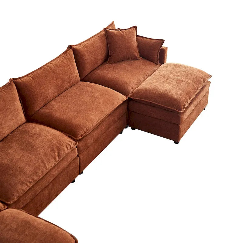 Grand canapé sectionnel en chenille en U de 142,52 po avec double coussin, méridienne convertible et poufs