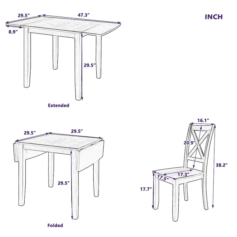 Ensemble table à manger à abattants pour 2 personnes, espresso/marron, 3 pièces