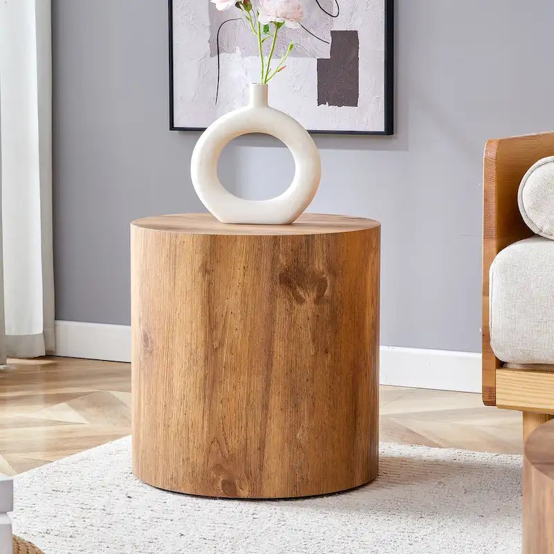 Table basse ronde de 40 cm, bois/blanc, plateau à motifs, une personne, salon