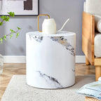 Table basse ronde de 40 cm, bois/blanc, plateau à motifs, une personne, salon