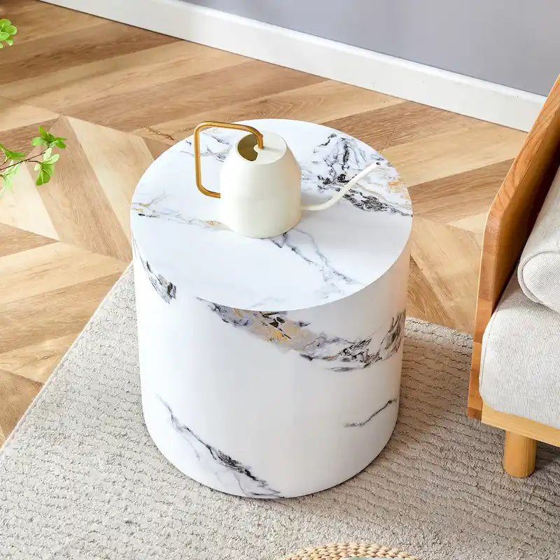 Table basse ronde de 40 cm, bois/blanc, plateau à motifs, une personne, salon