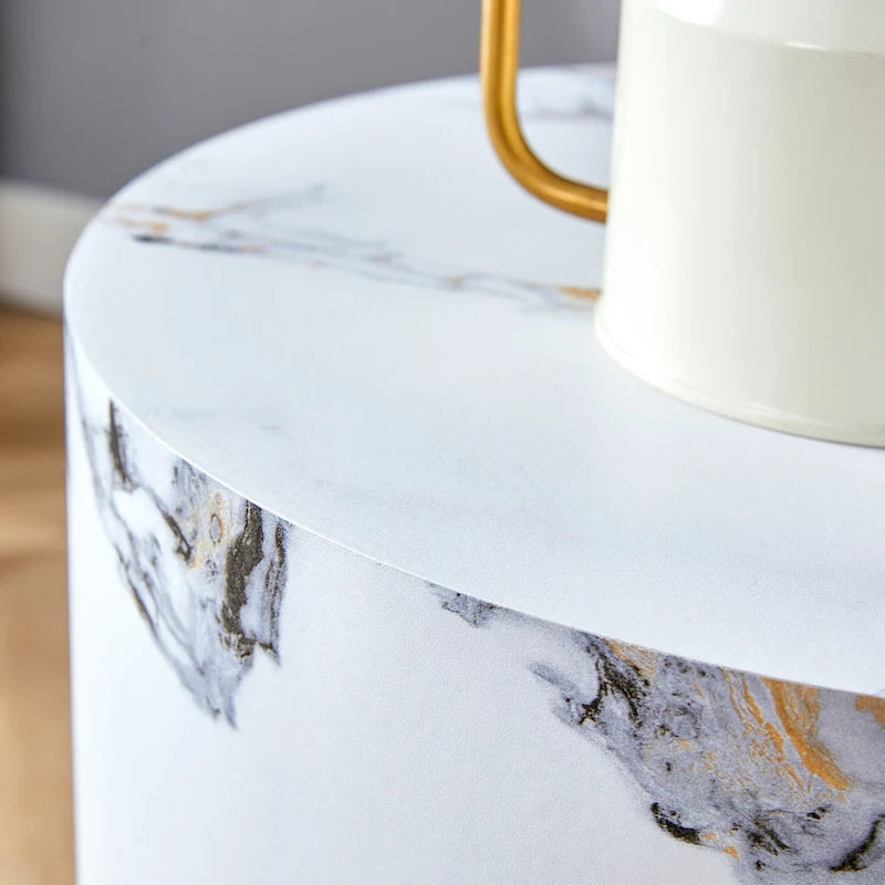 Table basse ronde de 40 cm, bois/blanc, plateau à motifs, une personne, salon