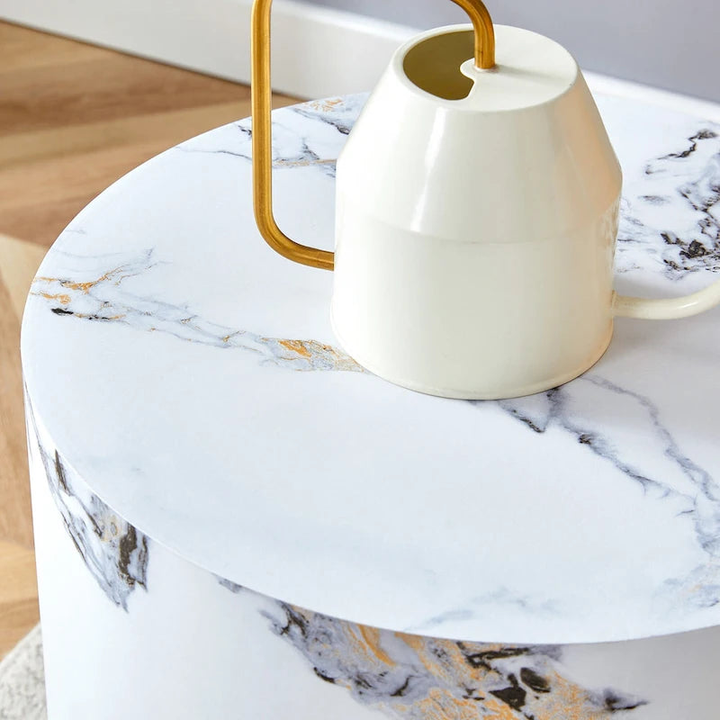 Table basse ronde de 40 cm, bois/blanc, plateau à motifs, une personne, salon