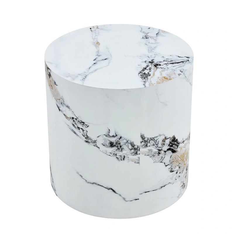 Table basse ronde de 40 cm, bois/blanc, plateau à motifs, une personne, salon