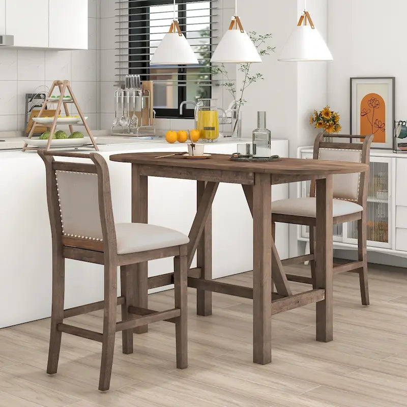 Ensemble de salle à manger de 3 pièces en bois, hauteur comptoir, avec table à rabat et 2 chaises
