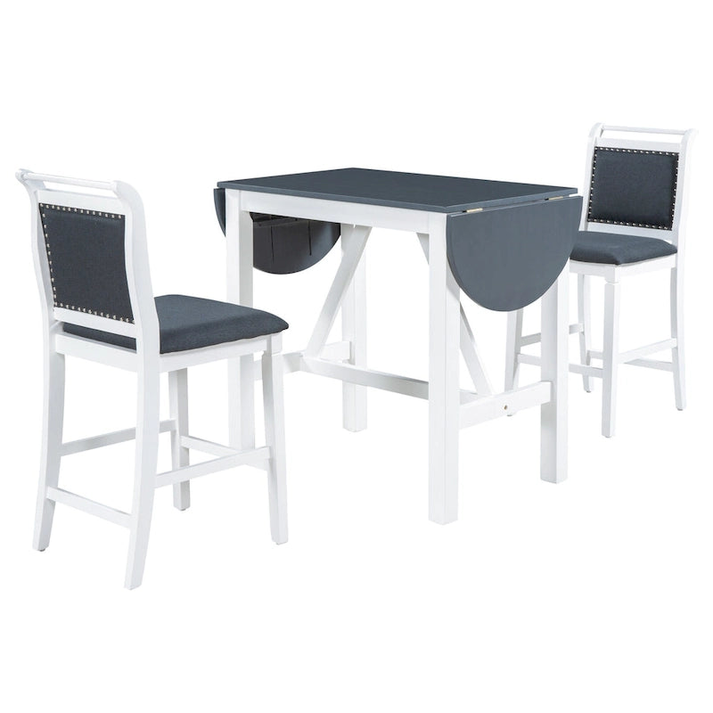 Ensemble de salle à manger de 3 pièces en bois, hauteur comptoir, avec table à rabat et 2 chaises