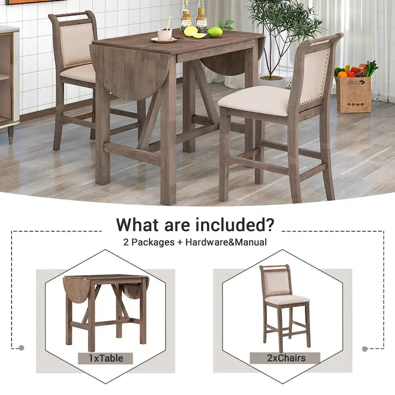 Ensemble de salle à manger de 3 pièces en bois, hauteur comptoir, avec table à rabat et 2 chaises