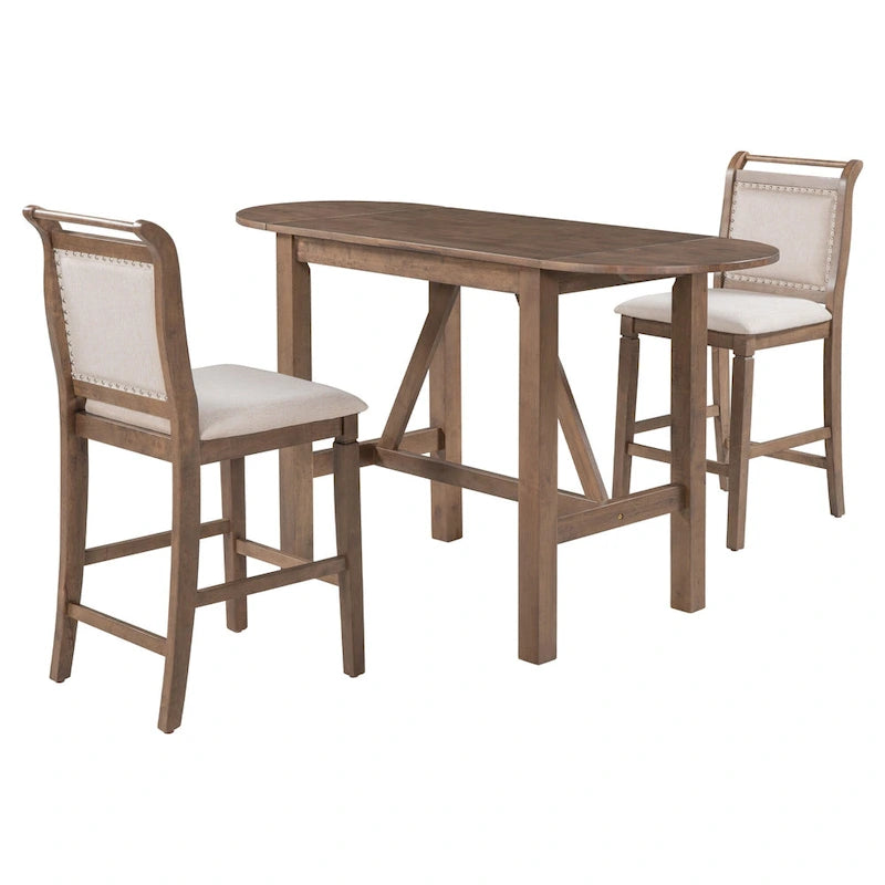 Ensemble de salle à manger de 3 pièces en bois, hauteur comptoir, avec table à rabat et 2 chaises