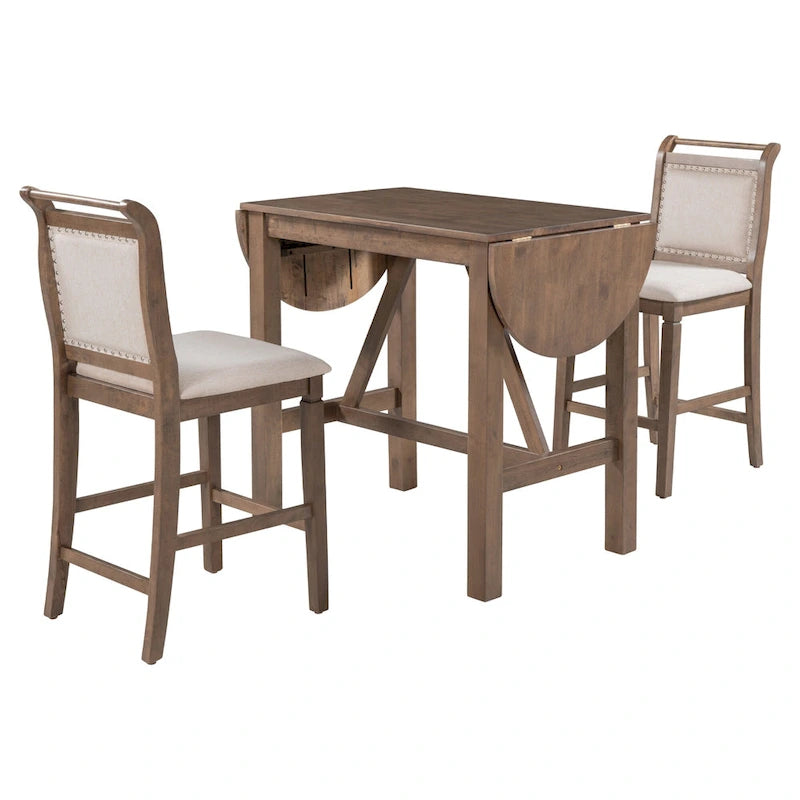 Ensemble de salle à manger de 3 pièces en bois, hauteur comptoir, avec table à rabat et 2 chaises